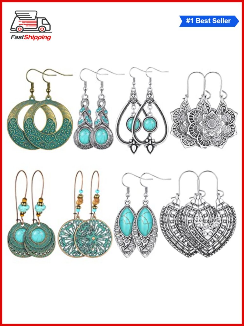 ✨ Boho Vintage Drop Dangle Earrings Set, 8 Pairs, Metal, French Wire Back